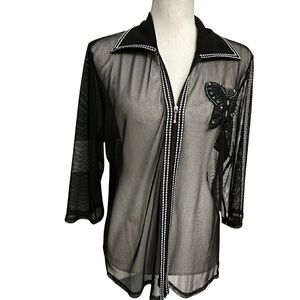 Tung Tai Sheer Mesh Top Jacket Zip Up Large Black Whimsigoth Vintage Butterfly